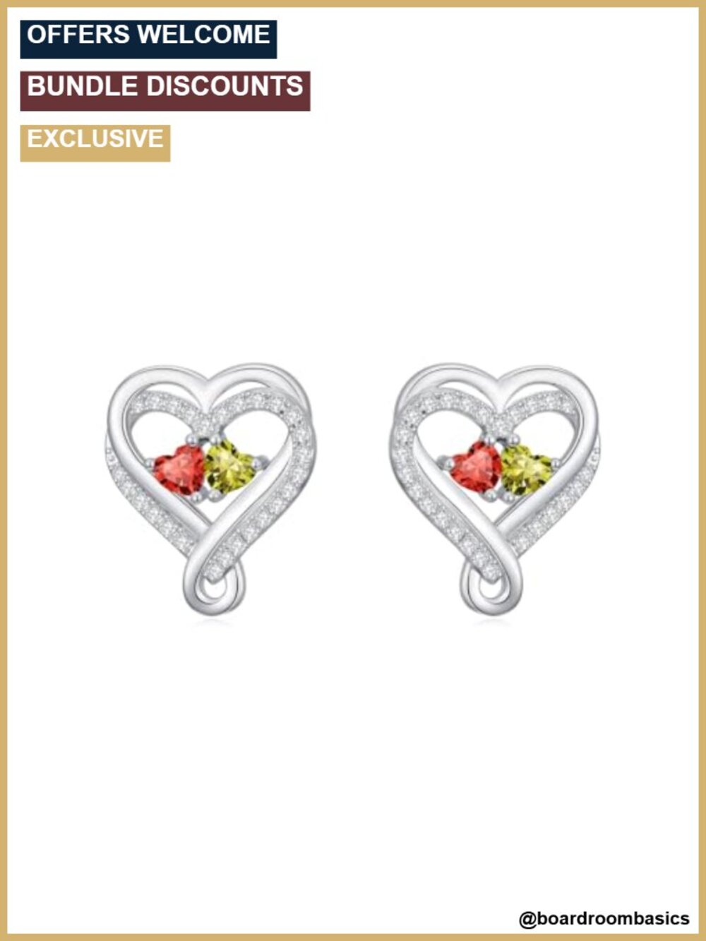 Double Birthstone Heart Stud Earrings 18k White Gold Plated Gift for Women